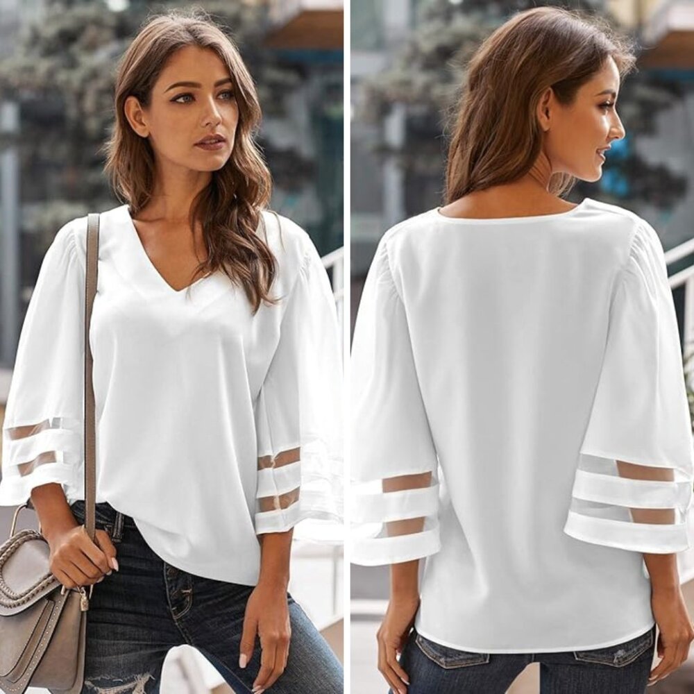 UNBRANDED | Women's White Lightweight Bell Sleeve V-Neck Blouse | Size L